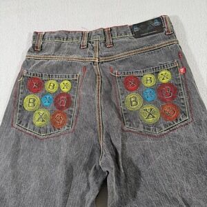 Crazy Y2K Brooklyn Xpress Black Denim Shorts Embroidered Back Pockets Baggy 34